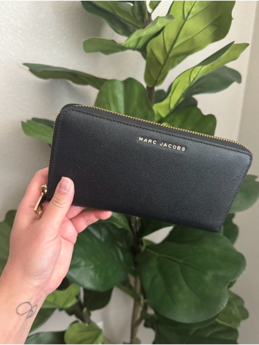 Marc Jacobs Black Pebbled Zip Wallet with Gold Hardware